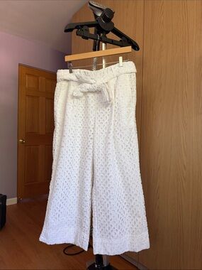 J. Crew White Eyelet Wide-Leg Pants with Tie Belt